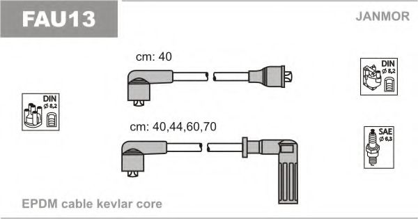 Высоковольтные провода, кабели для запуска В/в дроти Fiat Uno 1.3 -89,Tipo 1.4 88- JANMOR арт. FAU13