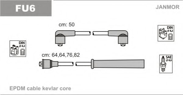 Высоковольтные провода, кабели для запуска В/в провода (каучук) Ford Cortina 1.6 2.0 77-82, Sierra 1,6 Ohc JANMOR арт. FU6