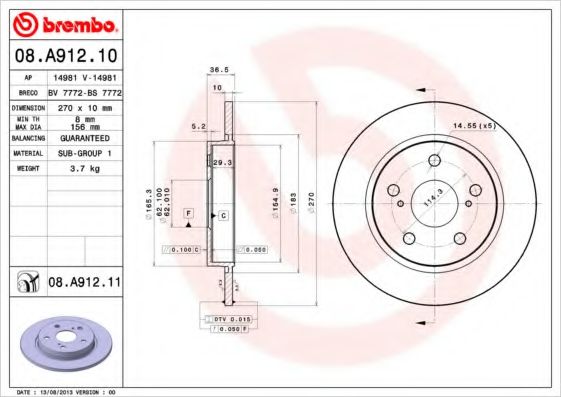 Тормозной диск Диск гальмівний BREMBO арт. 08A91210